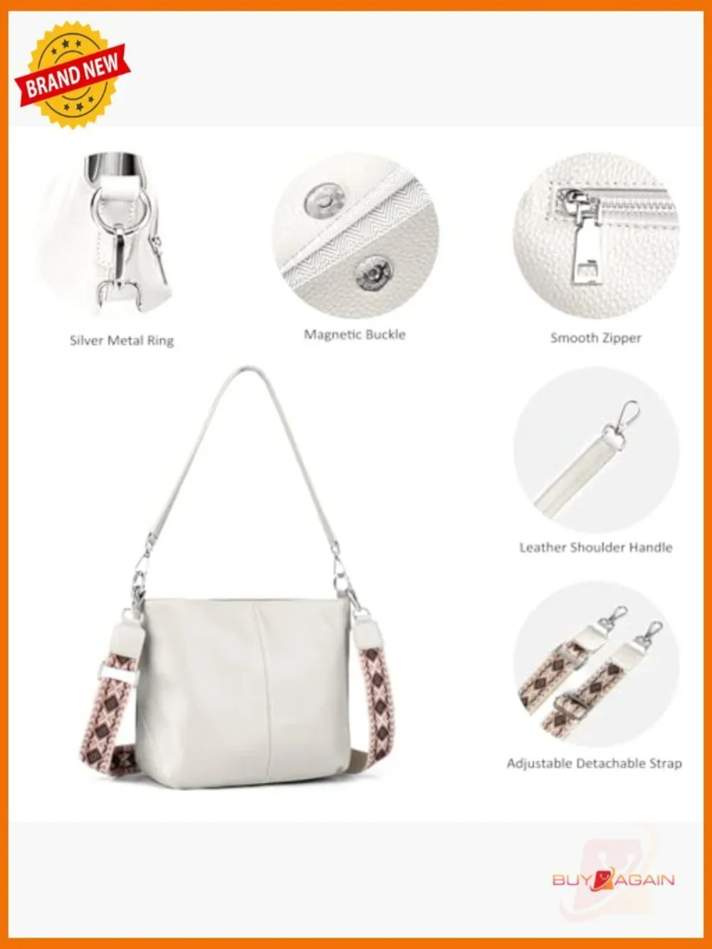 Genuine Leather Crossbody Hobo Bag with 2 Removable Straps